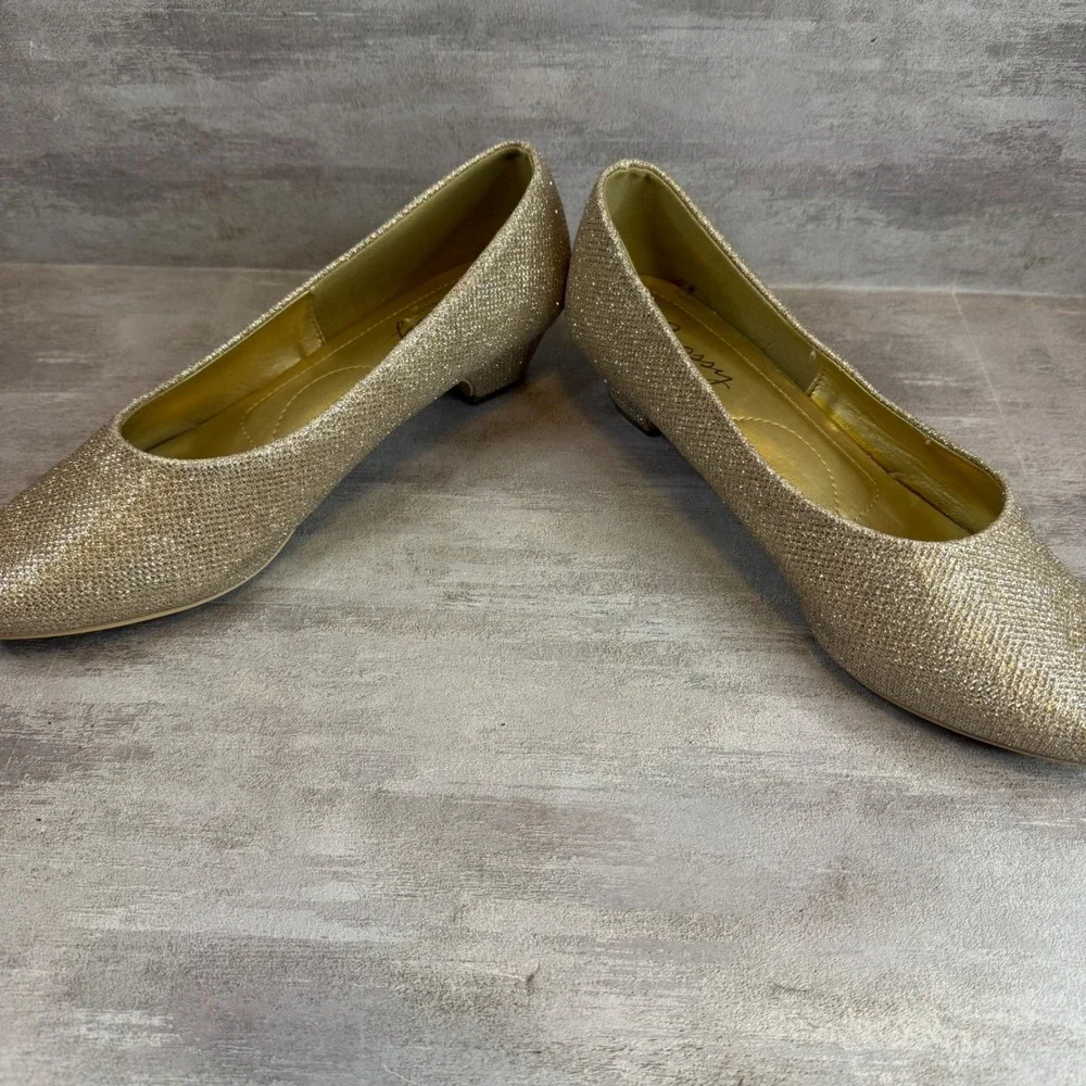 Jeossy Milan Gold Glitter Low Wedge Pumps Round Toe Formal Evening Shoes Size 11
